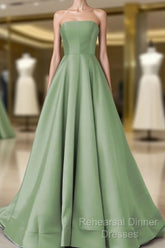 Simple Sage Green Satin Bridesmaid Dresses Strapless Floor Length Formal Semi Formal Prom Gown For Bridal Party